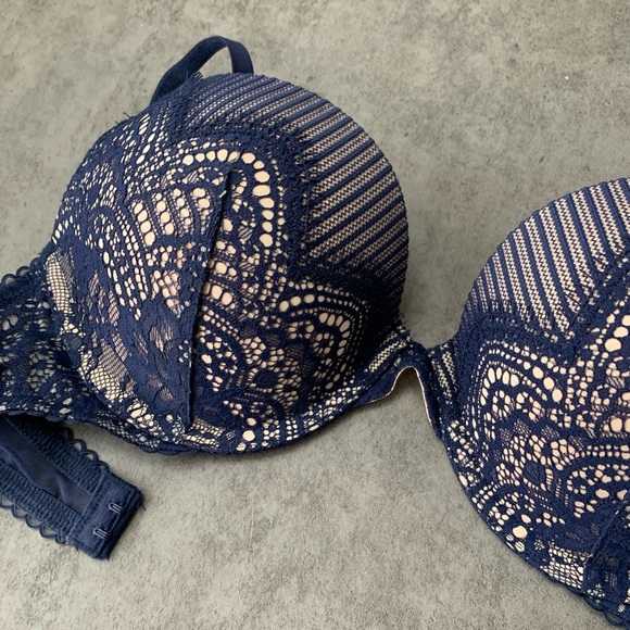 Victorias’ Secret Dream Angels Bra Push-Up Beige in Blue Lace 32D - Picture 1 of 5